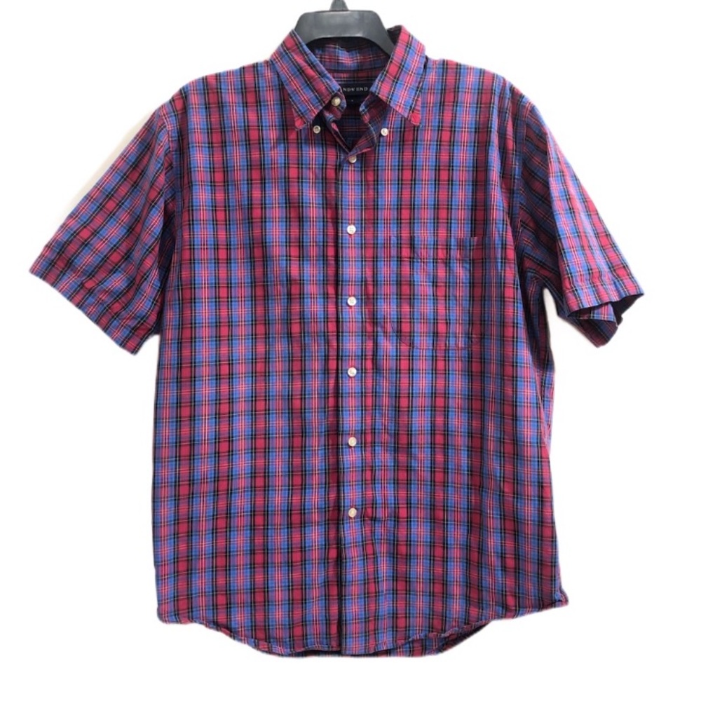 Lands End Blue Red Plaid Button Down Shirt Medium